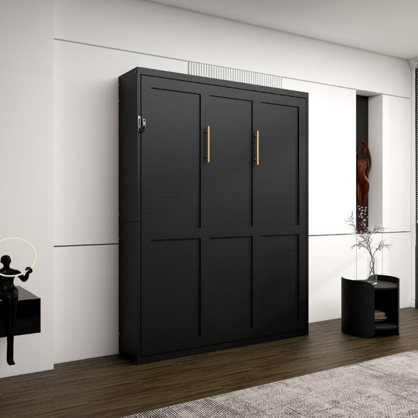 English Elm Queen Murphy Wall Bed Black MDF Cabinet Folds Flush for Home Office or Guest Room W5290S00016