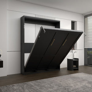 English Elm Queen Murphy Wall Bed Black MDF Cabinet Folds Flush for Home Office or Guest Room W5290S00016