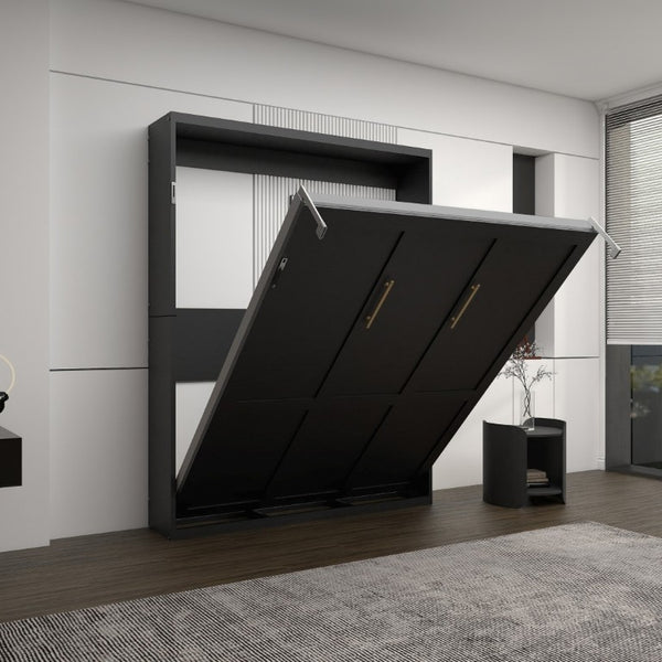 English Elm Queen Murphy Wall Bed Black MDF Cabinet Folds Flush for Home Office or Guest Room W5290S00016