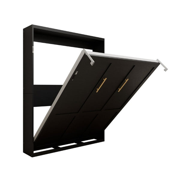 English Elm Queen Murphy Wall Bed Black MDF Cabinet Folds Flush for Home Office or Guest Room W5290S00016