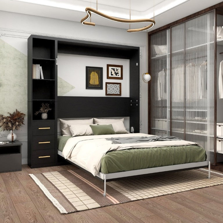 English Elm Murphy Queen Wall Bed with Dual Storage Cabinets Industrial Two Tone Space Saving Frame W5290S00017