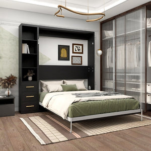 English Elm Murphy Queen Wall Bed with Dual Storage Cabinets Industrial Two Tone Space Saving Frame W5290S00017