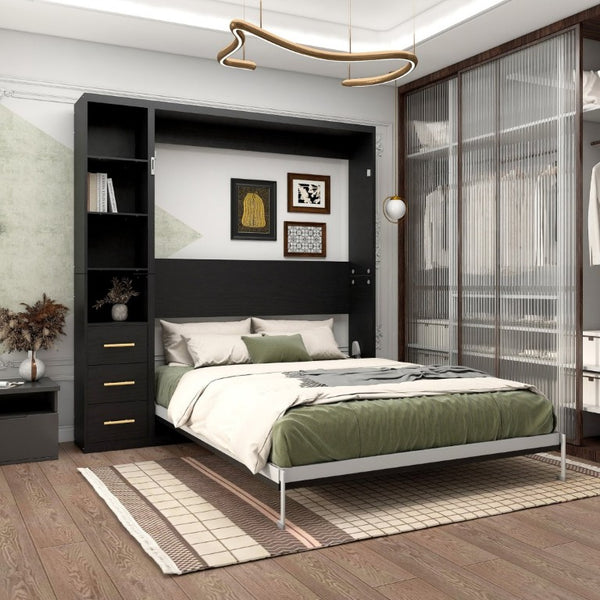 English Elm Murphy Queen Wall Bed with Dual Storage Cabinets Industrial Two Tone Space Saving Frame W5290S00017