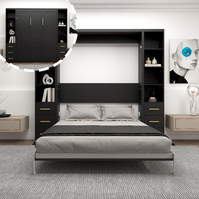 English Elm Space-Saving Full Murphy Bed with Flanking Storage Shelves for Studio or Guest Room W5290S00018