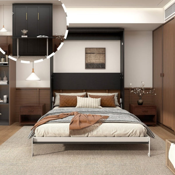 English Elm Queen Murphy Wall Bed with Integrated Desk Hydraulic Folding MDF Cabinet in Black W5290S00019