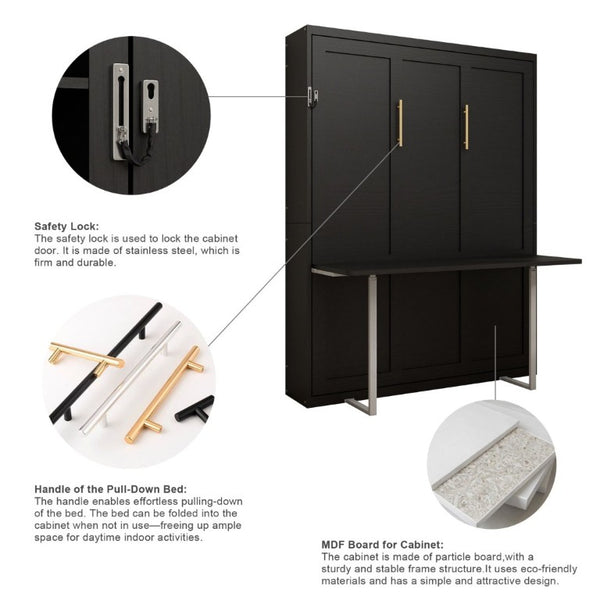 English Elm Queen Murphy Wall Bed with Integrated Desk Hydraulic Folding MDF Cabinet in Black W5290S00019