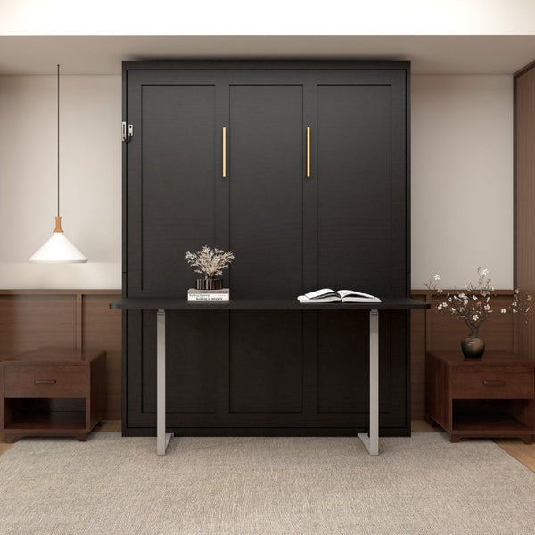 English Elm Queen Murphy Wall Bed with Integrated Desk Hydraulic Folding MDF Cabinet in Black W5290S00019