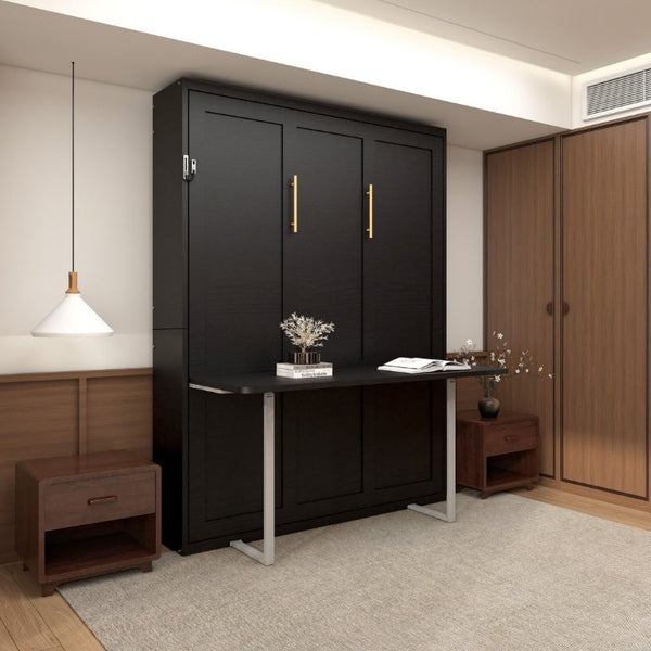 English Elm Queen Murphy Wall Bed with Integrated Desk Hydraulic Folding MDF Cabinet in Black W5290S00019