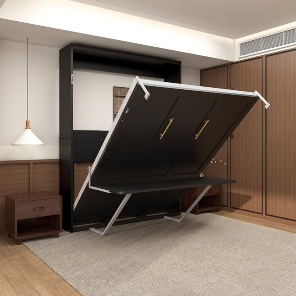 English Elm Queen Murphy Wall Bed with Integrated Desk Hydraulic Folding MDF Cabinet in Black W5290S00019