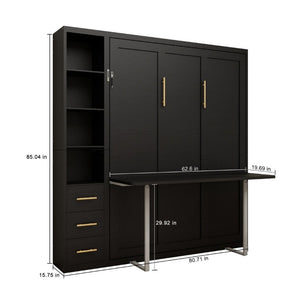 English Elm Queen Murphy Wall Bed with Fold Down Desk Dual Storage Shelves Home Office Cabinet W5290S00020