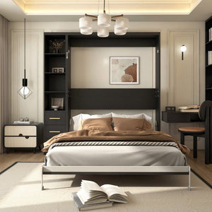 English Elm Queen Murphy Wall Bed with Fold Down Desk Dual Storage Shelves Home Office Cabinet W5290S00020