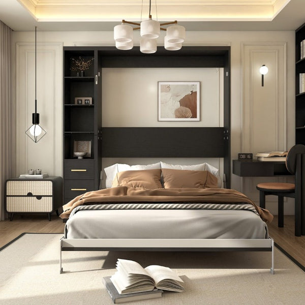 English Elm Queen Murphy Wall Bed with Fold Down Desk Dual Storage Shelves Home Office Cabinet W5290S00020