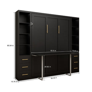 English Elm Queen Murphy Wall Bed with Fold Down Desk MDF Cabinet Storage for Studio Spaces W5290S00021