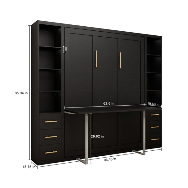 English Elm Queen Murphy Wall Bed with Fold Down Desk MDF Cabinet Storage for Studio Spaces W5290S00021
