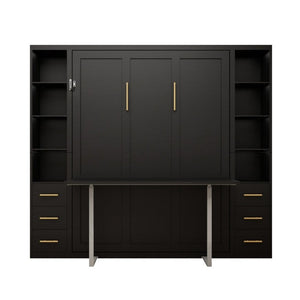 English Elm Queen Murphy Wall Bed with Fold Down Desk MDF Cabinet Storage for Studio Spaces W5290S00021