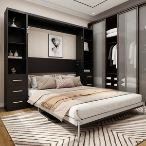 English Elm Queen Murphy Wall Bed with Fold Down Desk MDF Cabinet Storage for Studio Spaces W5290S00021