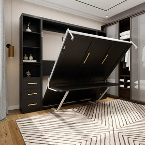 English Elm Queen Murphy Wall Bed with Fold Down Desk MDF Cabinet Storage for Studio Spaces W5290S00021
