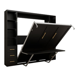 English Elm Queen Murphy Wall Bed with Fold Down Desk MDF Cabinet Storage for Studio Spaces W5290S00021