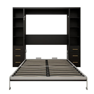 English Elm Queen Murphy Wall Bed with Fold Down Desk MDF Cabinet Storage for Studio Spaces W5290S00021
