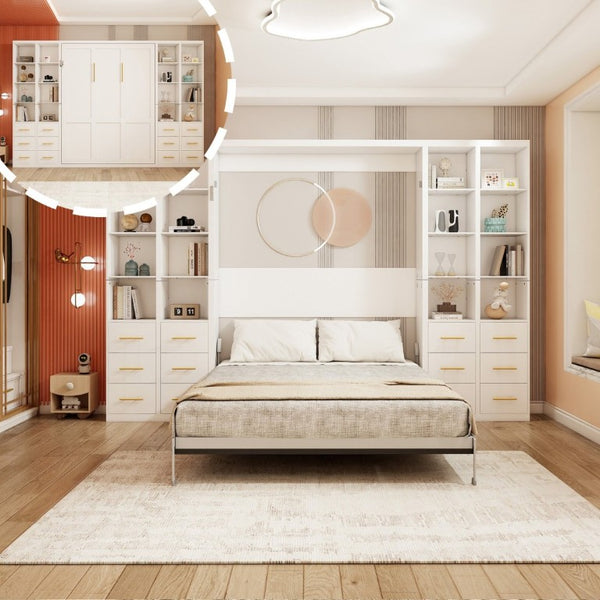 English Elm Multifunctional Queen Murphy Bed with Four Storage Cabinets for Modern Living Spaces White W5290S00025
