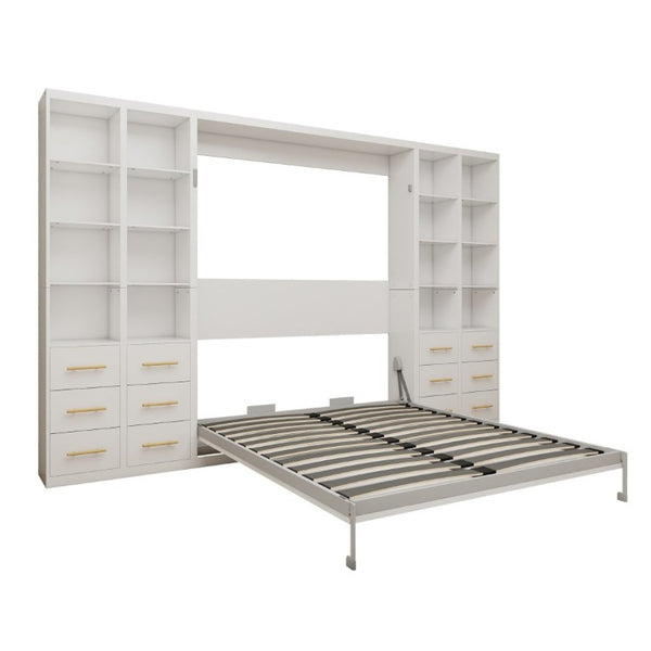 English Elm Multifunctional Queen Murphy Bed with Four Storage Cabinets for Modern Living Spaces White W5290S00025