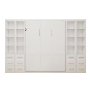 English Elm Multifunctional Queen Murphy Bed with Four Storage Cabinets for Modern Living Spaces White W5290S00025