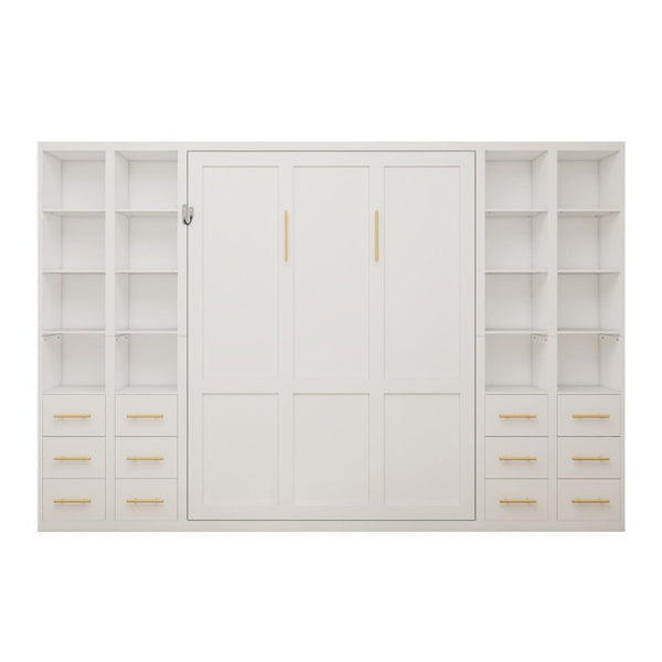 English Elm Multifunctional Queen Murphy Bed with Four Storage Cabinets for Modern Living Spaces White W5290S00025