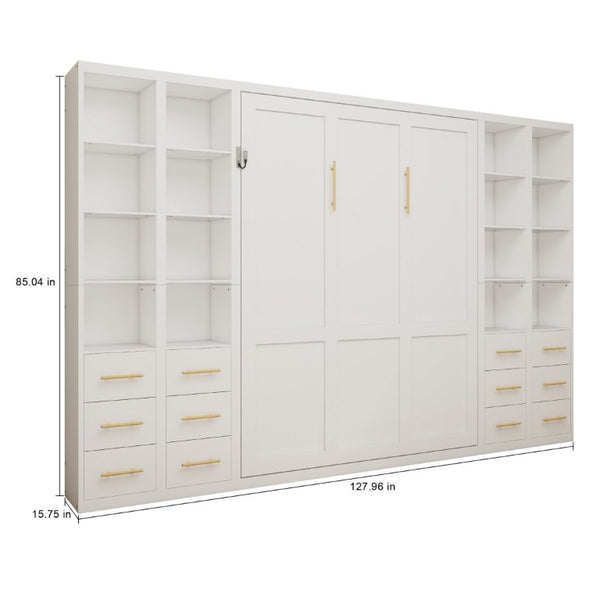 English Elm Multifunctional Queen Murphy Bed with Four Storage Cabinets for Modern Living Spaces White W5290S00025