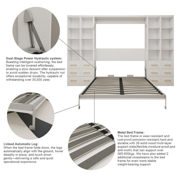 English Elm Multifunctional Queen Murphy Bed with Four Storage Cabinets for Modern Living Spaces White W5290S00025
