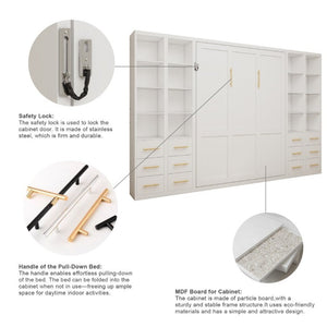 English Elm Multifunctional Queen Murphy Bed with Four Storage Cabinets for Modern Living Spaces White W5290S00025