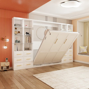 English Elm Multifunctional Queen Murphy Bed with Four Storage Cabinets for Modern Living Spaces White W5290S00025