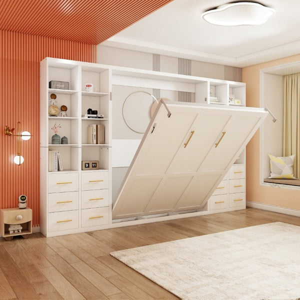 English Elm Multifunctional Queen Murphy Bed with Four Storage Cabinets for Modern Living Spaces White W5290S00025