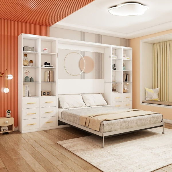 English Elm Multifunctional Queen Murphy Bed with Four Storage Cabinets for Modern Living Spaces White W5290S00025