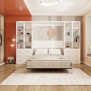 English Elm Multifunctional Queen Murphy Bed with Four Storage Cabinets for Modern Living Spaces White W5290S00025