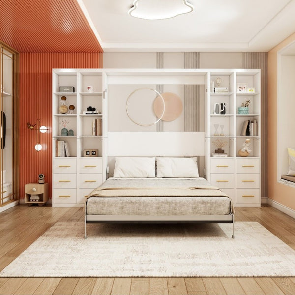 English Elm Multifunctional Queen Murphy Bed with Four Storage Cabinets for Modern Living Spaces White W5290S00025