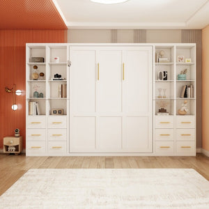 English Elm Multifunctional Queen Murphy Bed with Four Storage Cabinets for Modern Living Spaces White W5290S00025