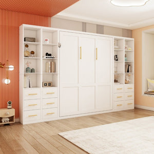 English Elm Multifunctional Queen Murphy Bed with Four Storage Cabinets for Modern Living Spaces White W5290S00025