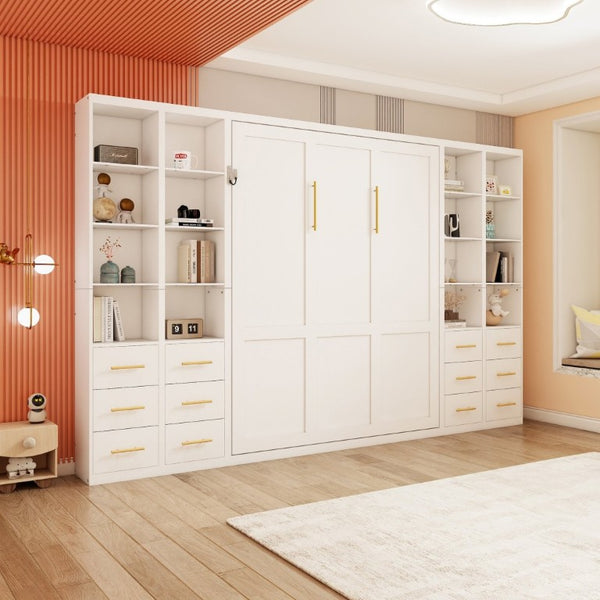 English Elm Multifunctional Queen Murphy Bed with Four Storage Cabinets for Modern Living Spaces White W5290S00025