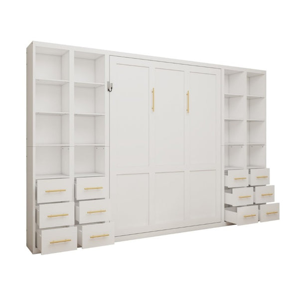 English Elm Multifunctional Queen Murphy Bed with Four Storage Cabinets for Modern Living Spaces White W5290S00025