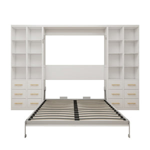 English Elm Multifunctional Queen Murphy Bed with Four Storage Cabinets for Modern Living Spaces White W5290S00025