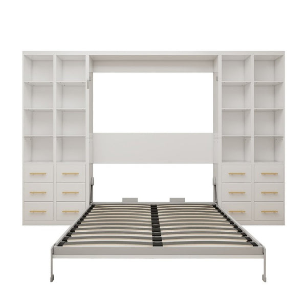 English Elm Multifunctional Queen Murphy Bed with Four Storage Cabinets for Modern Living Spaces White W5290S00025