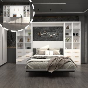 English Elm Hidden Queen Wall Bed with Fold Down Desk and Four Storage Cabinets for Small Spaces White W5290S00026