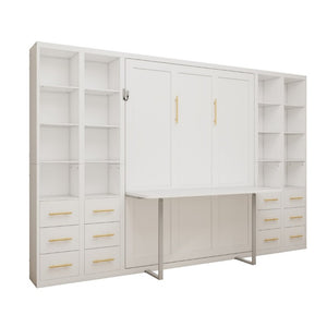 English Elm Hidden Queen Wall Bed with Fold Down Desk and Four Storage Cabinets for Small Spaces White W5290S00026