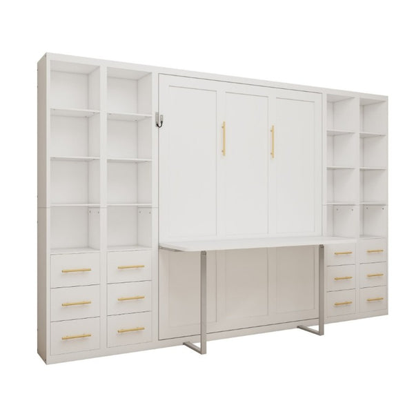 English Elm Hidden Queen Wall Bed with Fold Down Desk and Four Storage Cabinets for Small Spaces White W5290S00026