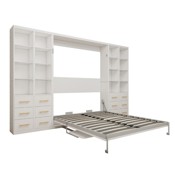English Elm Hidden Queen Wall Bed with Fold Down Desk and Four Storage Cabinets for Small Spaces White W5290S00026