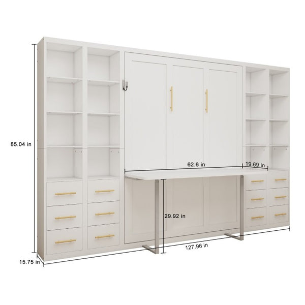 English Elm Hidden Queen Wall Bed with Fold Down Desk and Four Storage Cabinets for Small Spaces White W5290S00026