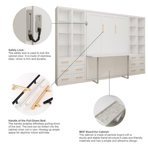 English Elm Hidden Queen Wall Bed with Fold Down Desk and Four Storage Cabinets for Small Spaces White W5290S00026