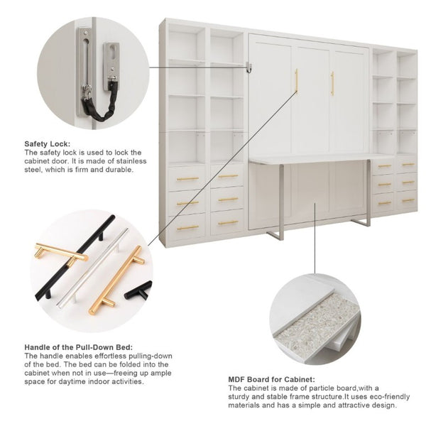 English Elm Hidden Queen Wall Bed with Fold Down Desk and Four Storage Cabinets for Small Spaces White W5290S00026