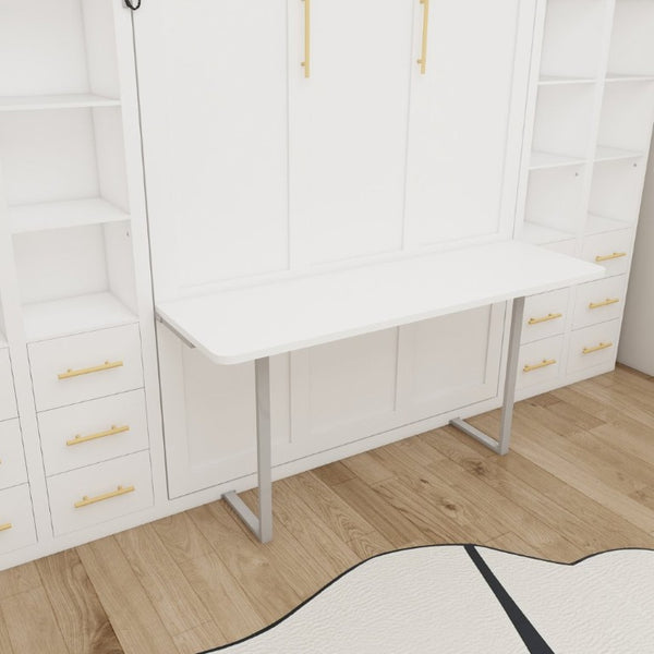 English Elm Hidden Queen Wall Bed with Fold Down Desk and Four Storage Cabinets for Small Spaces White W5290S00026