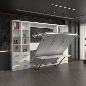English Elm Hidden Queen Wall Bed with Fold Down Desk and Four Storage Cabinets for Small Spaces White W5290S00026